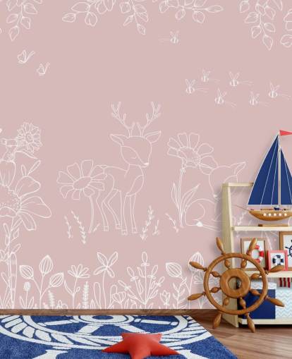 roze kinderkamermuurschildering op maat genaamd Deer Doodles Pink uit de Oliver Robins-collectie