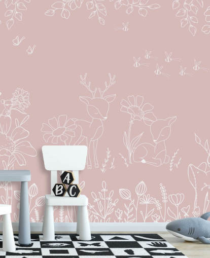 rosa tilpasset barnehage veggmaleri kalt Deer Doodles Pink fra Oliver Robins-samlingen rosa tilpasset barnehage veggmaleri kalt Deer Doodles Pink fra Oliver Robins-samlingen