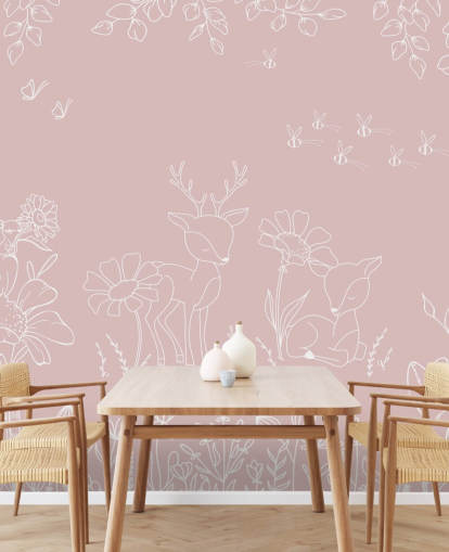 vaaleanpunainen räätälöity lastentarhan seinämaalaus nimeltä Deer Doodles Pink Oliver Robins -kokoelmasta