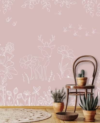 mural rosa personalizado para guardería llamado Deer Doodles Pink de la colección Oliver Robins