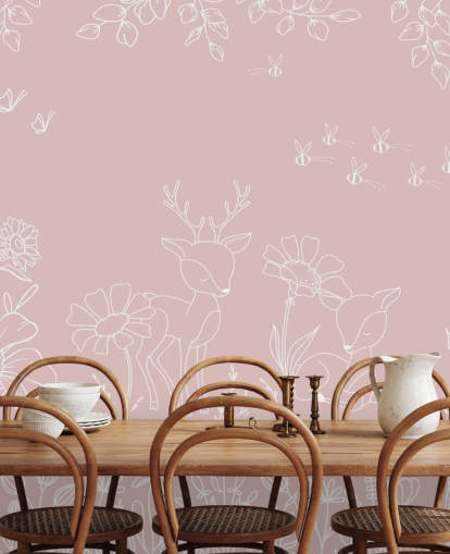 mural rosa personalizado para guardería llamado Deer Doodles Pink de la colección Oliver Robins