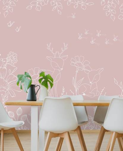 roze kinderkamermuurschildering op maat genaamd Deer Doodles Pink uit de Oliver Robins-collectie roze kinderkamermuurschildering op maat genaamd Deer Doodles Pink uit de Oliver Robins-collectie