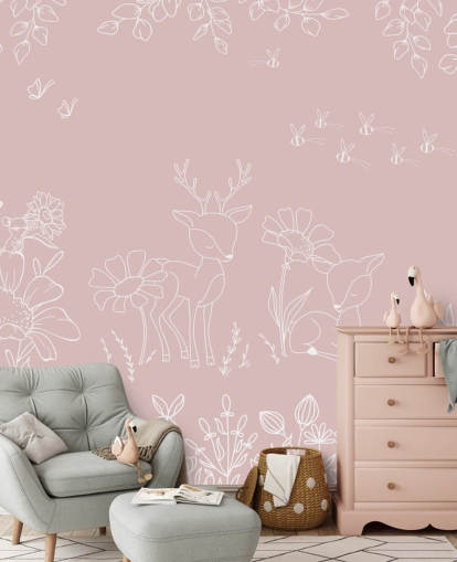 lyserødt brugerdefineret børnehavevægmaleri kaldet Deer Doodles Pink fra Oliver Robins-kollektionen lyserødt brugerdefineret børnehavevægmaleri kaldet Deer Doodles Pink fra Oliver Robins-kollektionen