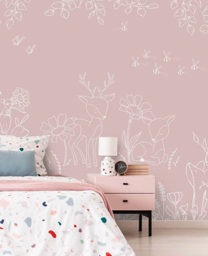 mural de berçário personalizado rosa chamado Deer Doodles Pink da coleção Oliver Robins