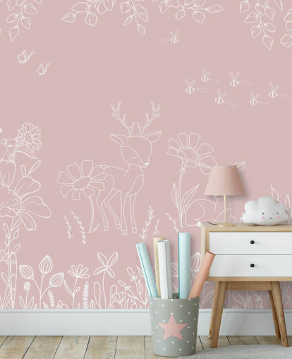 lyserødt brugerdefineret børnehavevægmaleri kaldet Deer Doodles Pink fra Oliver Robins-kollektionen lyserødt brugerdefineret børnehavevægmaleri kaldet Deer Doodles Pink fra Oliver Robins-kollektionen