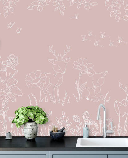 mural rosa personalizado para guardería llamado Deer Doodles Pink de la colección Oliver Robins