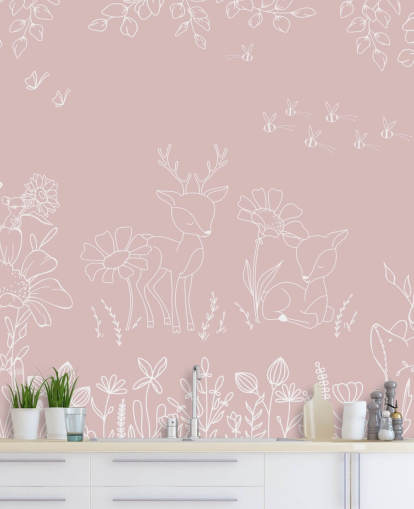 peinture murale de chambre d'enfant personnalisée rose appelée Deer Doodles Pink de la collection Oliver Robins