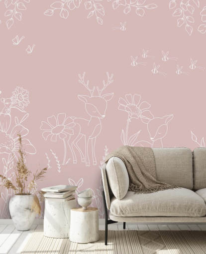 pink custom nursery mural called Deer Doodles Pink from the Oliver Robins collection