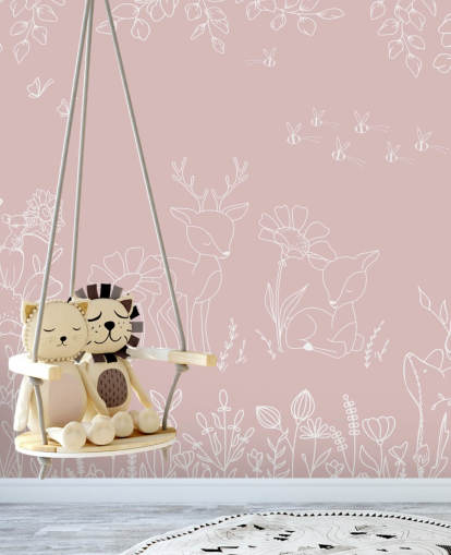 mural rosa personalizado para guardería llamado Deer Doodles Pink de la colección Oliver Robins
