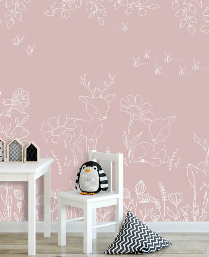 rosa tilpasset barnehage veggmaleri kalt Deer Doodles Pink fra Oliver Robins-samlingen rosa tilpasset barnehage veggmaleri kalt Deer Doodles Pink fra Oliver Robins-samlingen
