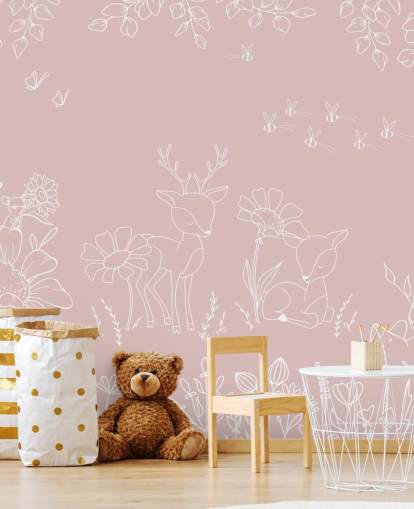 peinture murale de chambre d'enfant personnalisée rose appelée Deer Doodles Pink de la collection Oliver Robins peinture murale de chambre d'enfant personnalisée rose appelée Deer Doodles Pink de la collection Oliver Robins