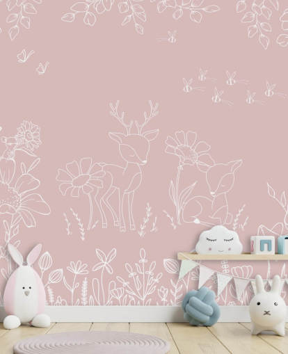 peinture murale de chambre d'enfant personnalisée rose appelée Deer Doodles Pink de la collection Oliver Robins peinture murale de chambre d'enfant personnalisée rose appelée Deer Doodles Pink de la collection Oliver Robins
