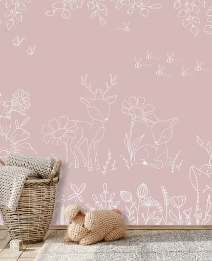 rosa anpassad plantskola väggmålning som heter Deer Doodles Pink från Oliver Robins-kollektionen