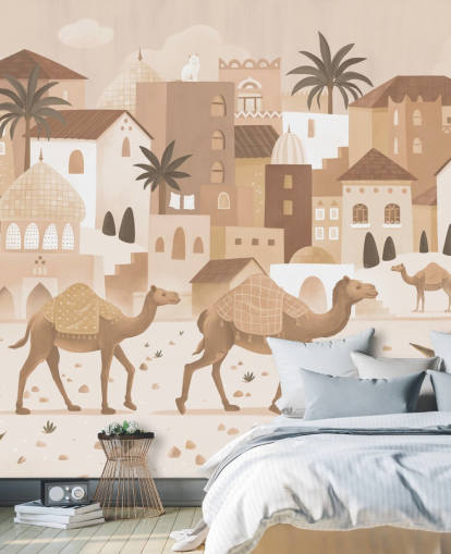 op maat gemaakte kamelenmuurschildering genaamd Desert Dreams Monochrome uit de Oliver Robins-collectie op maat gemaakte kamelenmuurschildering genaamd Desert Dreams Monochrome uit de Oliver Robins-collectie