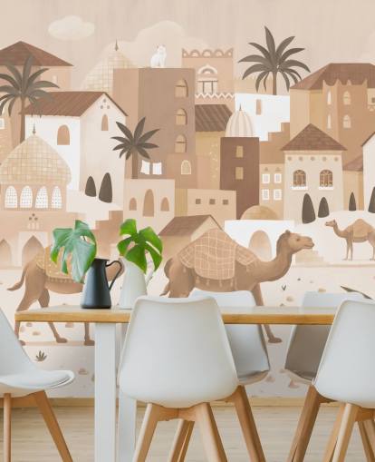 murale personalizzato a forma di cammello chiamato Desert Dreams Monochrome della collezione Oliver Robins