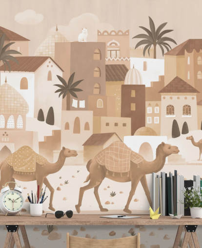 mural de camello personalizado llamado Desert Dreams Monochrome de la colección Oliver Robins