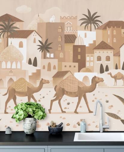 mural de camello personalizado llamado Desert Dreams Monochrome de la colección Oliver Robins