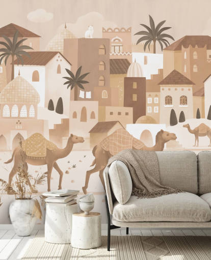murale personalizzato a forma di cammello chiamato Desert Dreams Monochrome della collezione Oliver Robins murale personalizzato a forma di cammello chiamato Desert Dreams Monochrome della collezione Oliver Robins