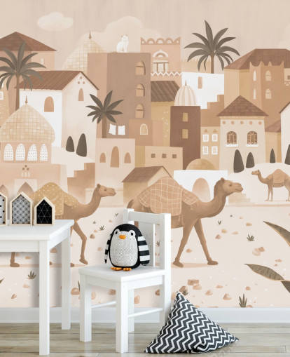 custom camel mural called Desert Dreams Monochrome from the Oliver Robins collection