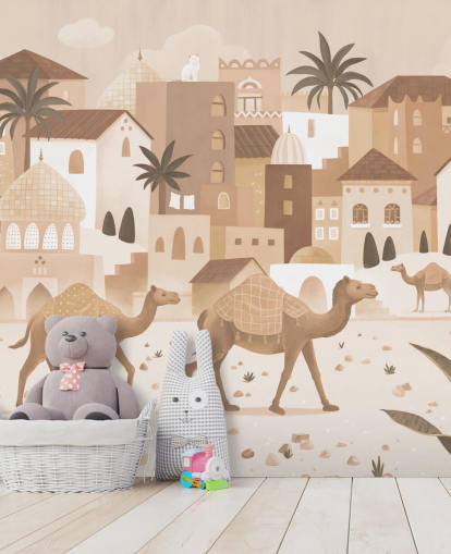 custom camel mural called Desert Dreams Monochrome from the Oliver Robins collection