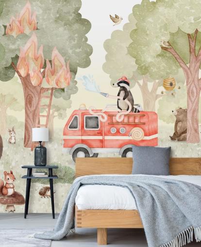 mural forestal personalizado para niños llamado Forest Firefighter de la colección Oliver Robins