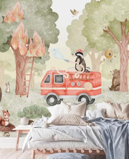 mural forestal personalizado para niños llamado Forest Firefighter de la colección Oliver Robins