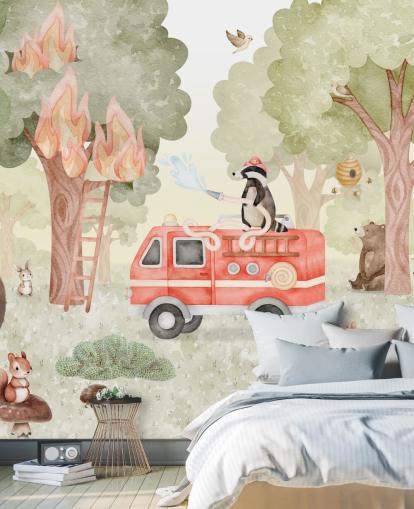 mural forestal personalizado para niños llamado Forest Firefighter de la colección Oliver Robins