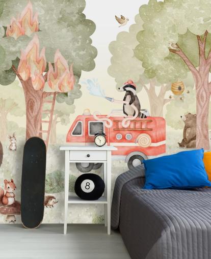 custom kids forest mural called Forest Firefighter from the Oliver Robins collection
