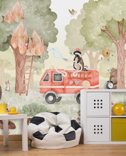 custom kids forest mural called Forest Firefighter from the Oliver Robins collection