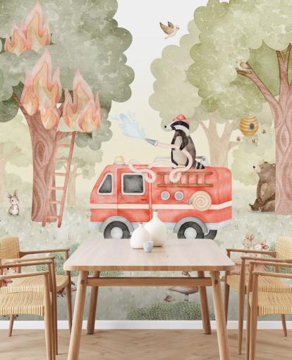 mural forestal personalizado para niños llamado Forest Firefighter de la colección Oliver Robins