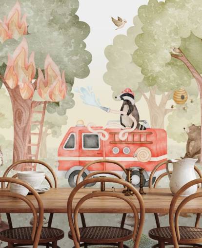 custom kids forest mural called Forest Firefighter from the Oliver Robins collection