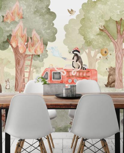 mural forestal personalizado para niños llamado Forest Firefighter de la colección Oliver Robins