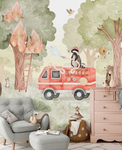 individuelles Wald-Wandbild für Kinder namens Forest Firefighter aus der Oliver Robins-Kollektion