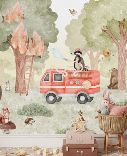 mural forestal personalizado para niños llamado Forest Firefighter de la colección Oliver Robins