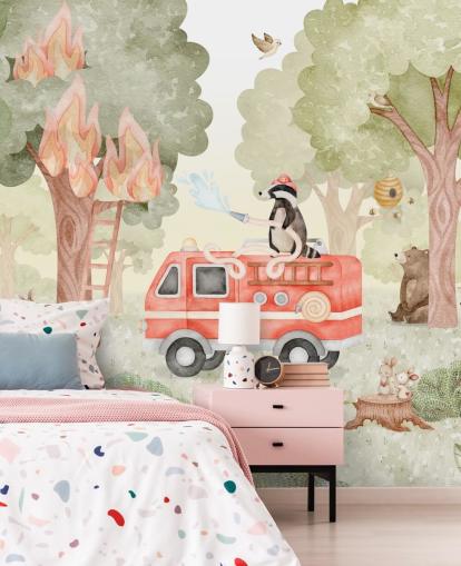 mural forestal personalizado para niños llamado Forest Firefighter de la colección Oliver Robins