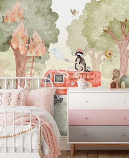mural florestal infantil personalizado chamado Forest Firefighter da coleção Oliver Robins