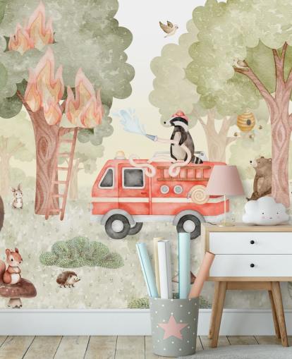 individuelles Wald-Wandbild für Kinder namens Forest Firefighter aus der Oliver Robins-Kollektion