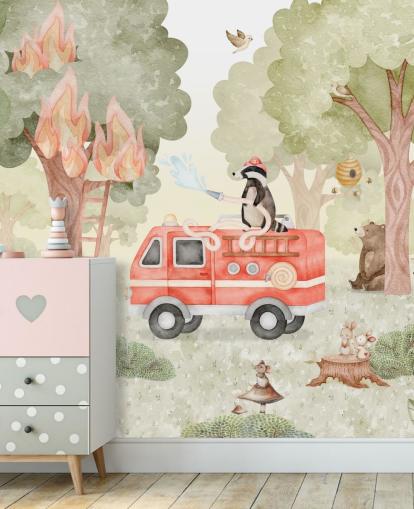 mural forestal personalizado para niños llamado Forest Firefighter de la colección Oliver Robins