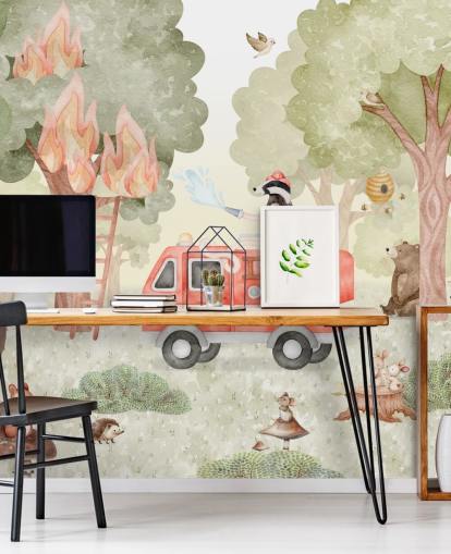 mural forestal personalizado para niños llamado Forest Firefighter de la colección Oliver Robins