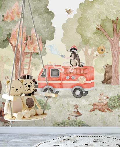 custom kids forest mural called Forest Firefighter from the Oliver Robins collection custom kids forest mural called Forest Firefighter from the Oliver Robins collection