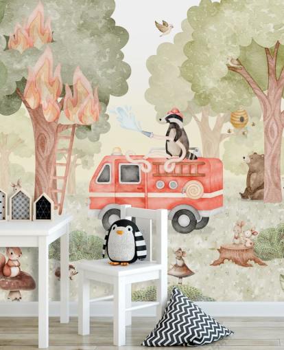 individuelles Wald-Wandbild für Kinder namens Forest Firefighter aus der Oliver Robins-Kollektion