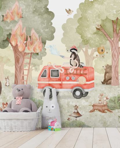 mural florestal infantil personalizado chamado Forest Firefighter da coleção Oliver Robins