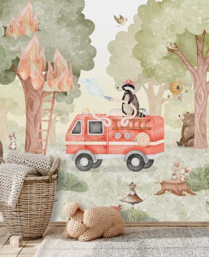 custom kids forest mural called Forest Firefighter from the Oliver Robins collection