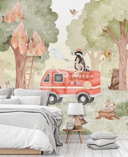 custom kids forest mural called Forest Firefighter from the Oliver Robins collection