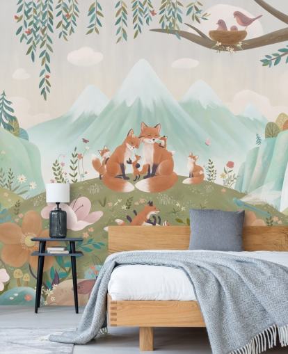mural de bosque infantil personalizado llamado Fox Family de la colección Oliver Robins