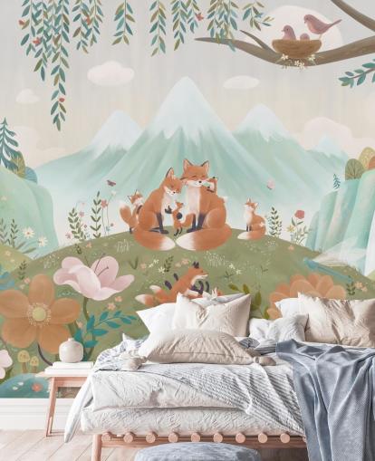 mukautettu lasten metsäseinämaalaus nimeltä Fox Family Oliver Robins -kokoelmasta mukautettu lasten metsäseinämaalaus nimeltä Fox Family Oliver Robins -kokoelmasta