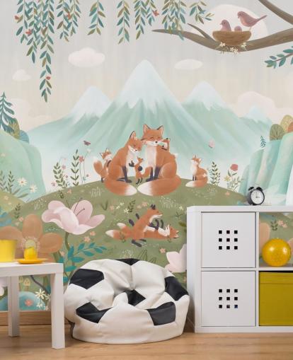 mural de bosque infantil personalizado llamado Fox Family de la colección Oliver Robins