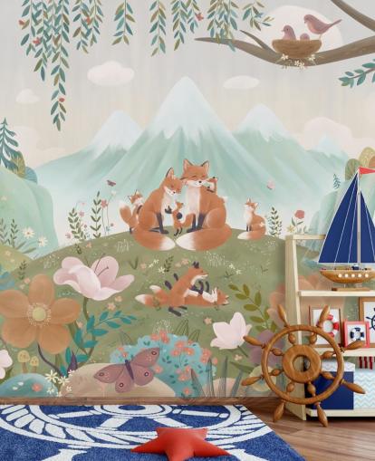 mural de bosque infantil personalizado llamado Fox Family de la colección Oliver Robins