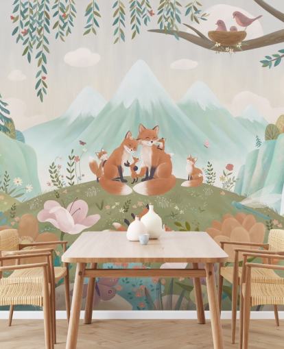 murale forestale personalizzato per bambini chiamato Fox Family della collezione Oliver Robins