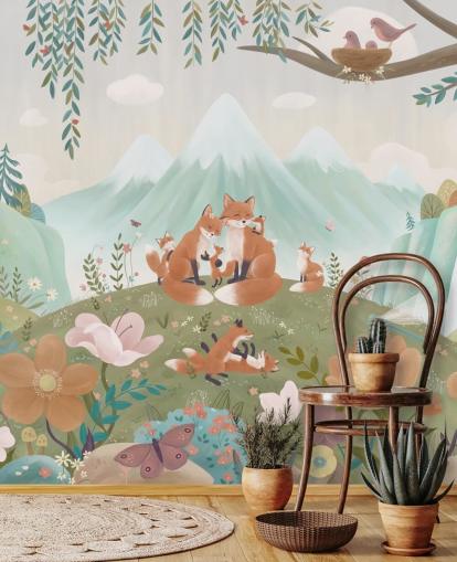 custom children's forest mural called Fox Family from the Oliver Robins collection